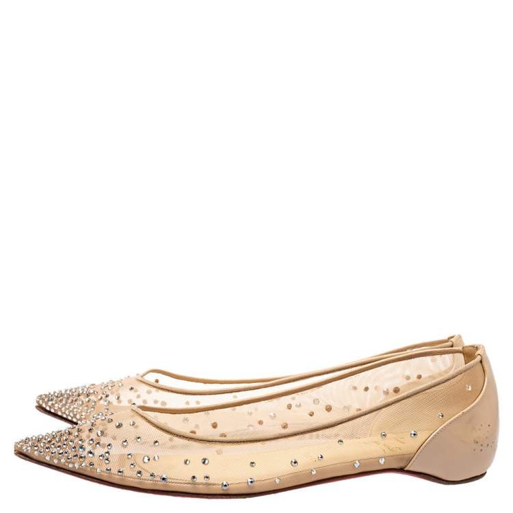 Pre Owned Christian Louboutin Beige Embellished Mesh Follies Strass Pointed Toe Ballet Flats Size 40