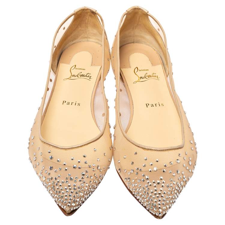 Pre Owned Christian Louboutin Beige Embellished Mesh Follies Strass Pointed Toe Ballet Flats Size 40