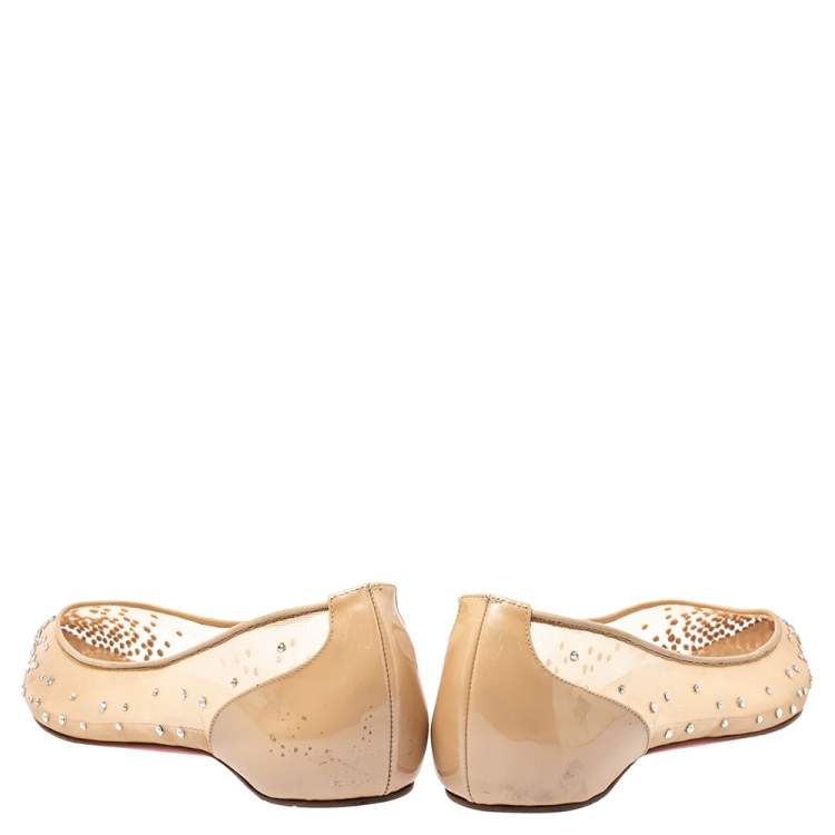 Pre Owned Christian Louboutin Beige Embellished Mesh Follies Strass Pointed Toe Ballet Flats Size 40
