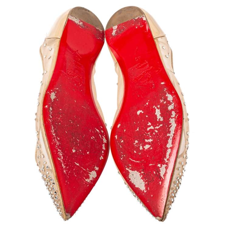 Pre Owned Christian Louboutin Beige Embellished Mesh Follies Strass Pointed Toe Ballet Flats Size 40