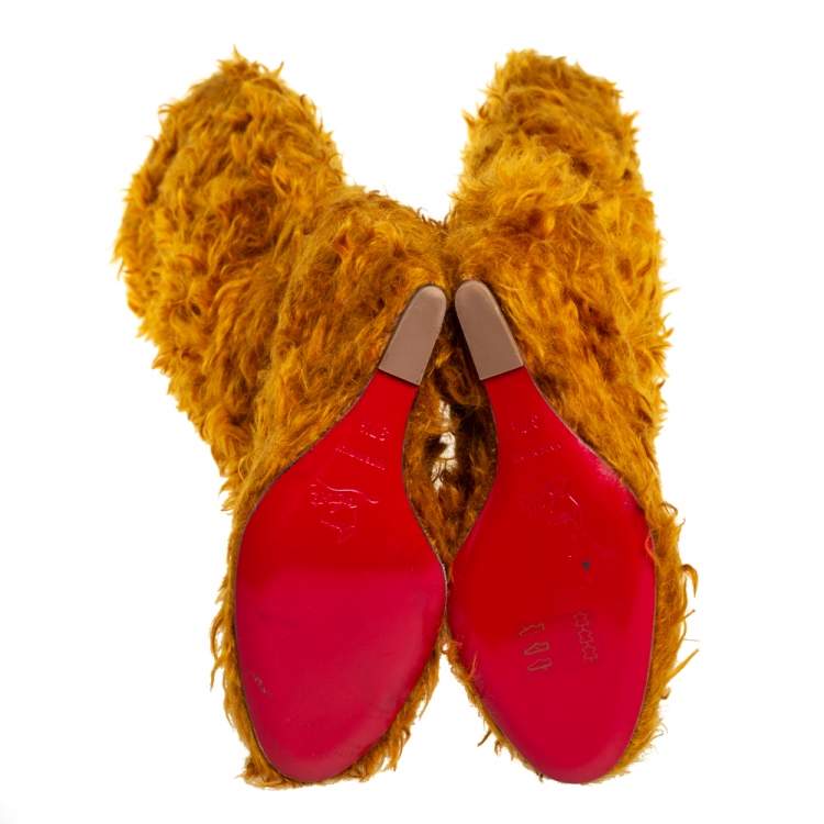 Pre Owned Christian Louboutin Yellow Faux Fur Knee Length Boots Size 37.5