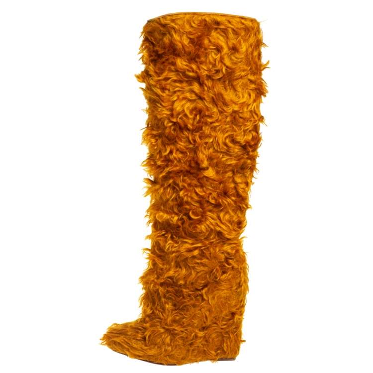 Pre Owned Christian Louboutin Yellow Faux Fur Knee Length Boots Size 37.5