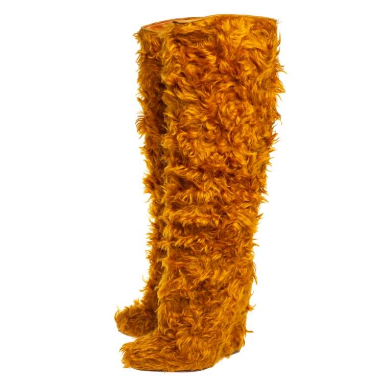 Pre Owned Christian Louboutin Yellow Faux Fur Knee Length Boots Size 37.5