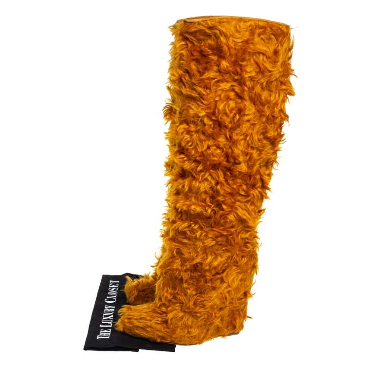 Pre Owned Christian Louboutin Yellow Faux Fur Knee Length Boots Size 37.5