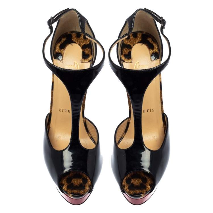 Pre Owned Christian Louboutin Black Patent Jilopa T Strap Platform Sandals Size 37.5