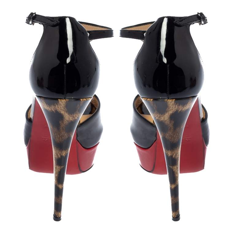 Pre Owned Christian Louboutin Black Patent Jilopa T Strap Platform Sandals Size 37.5