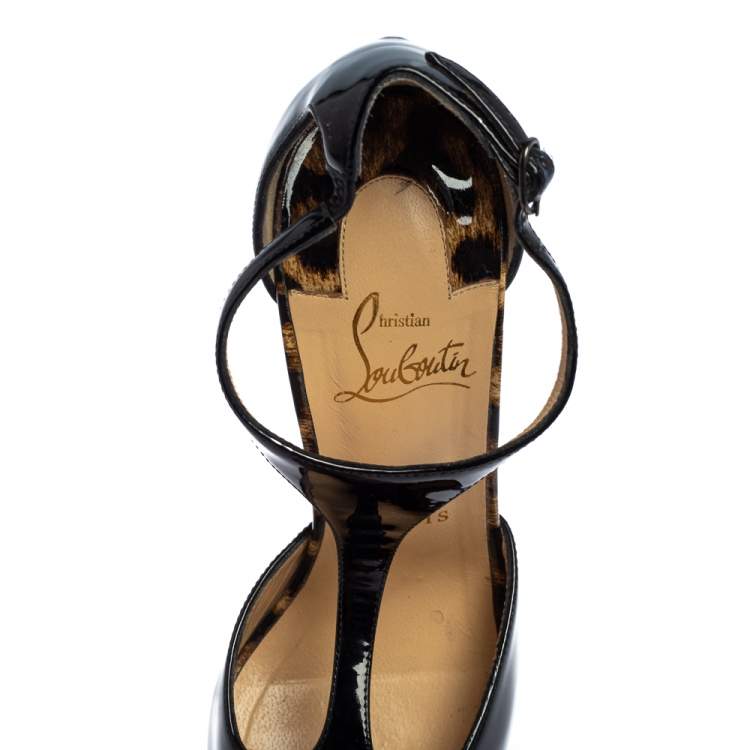 Pre Owned Christian Louboutin Black Patent Jilopa T Strap Platform Sandals Size 37.5
