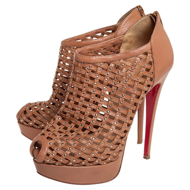 Pre Owned Christian Louboutin Brown Leather Kasha Caged Peep Toe Booties Size 38.5