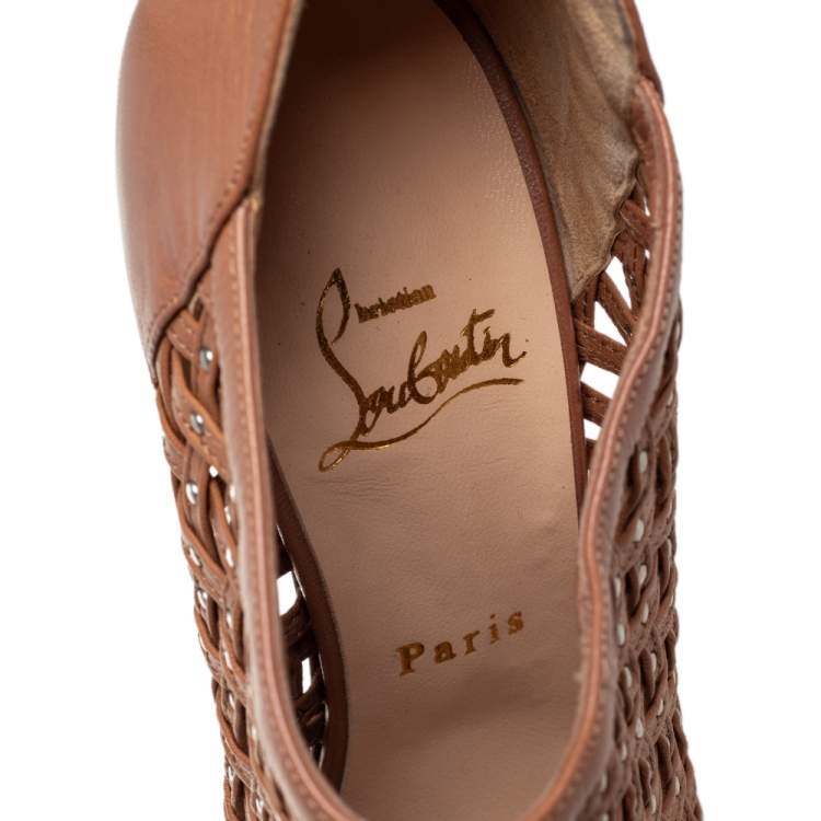 Pre Owned Christian Louboutin Brown Leather Kasha Caged Peep Toe Booties Size 38.5