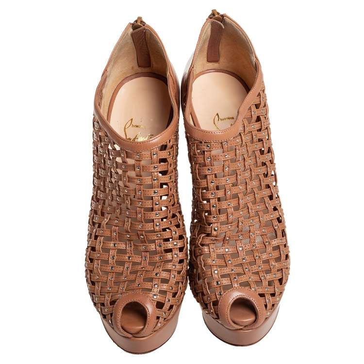 Pre Owned Christian Louboutin Brown Leather Kasha Caged Peep Toe Booties Size 38.5