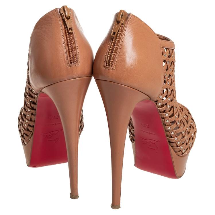 Pre Owned Christian Louboutin Brown Leather Kasha Caged Peep Toe Booties Size 38.5