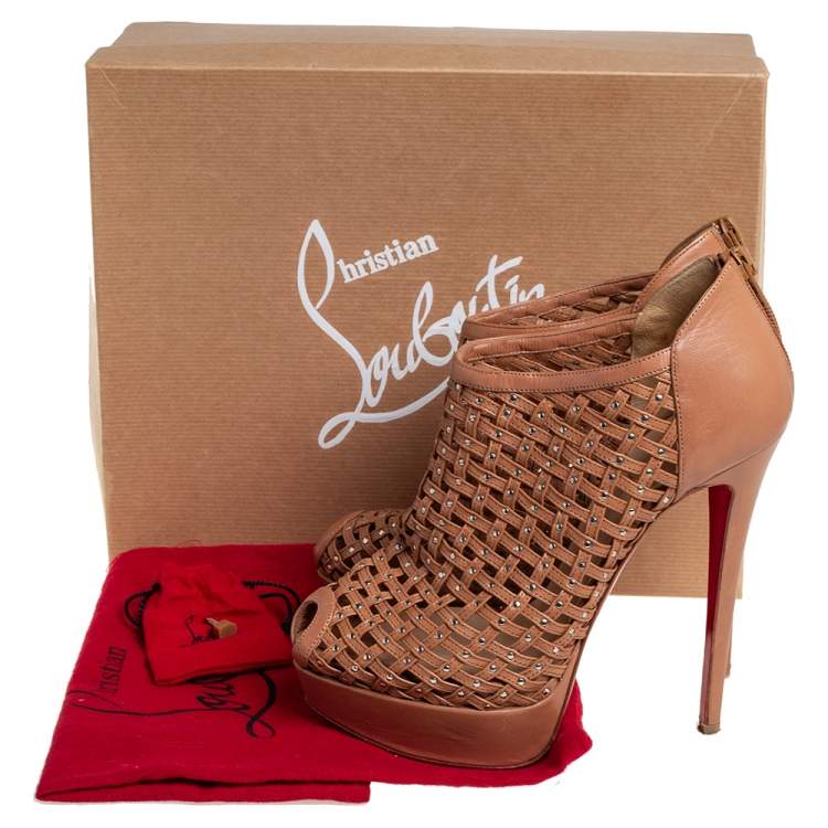 Pre Owned Christian Louboutin Brown Leather Kasha Caged Peep Toe Booties Size 38.5