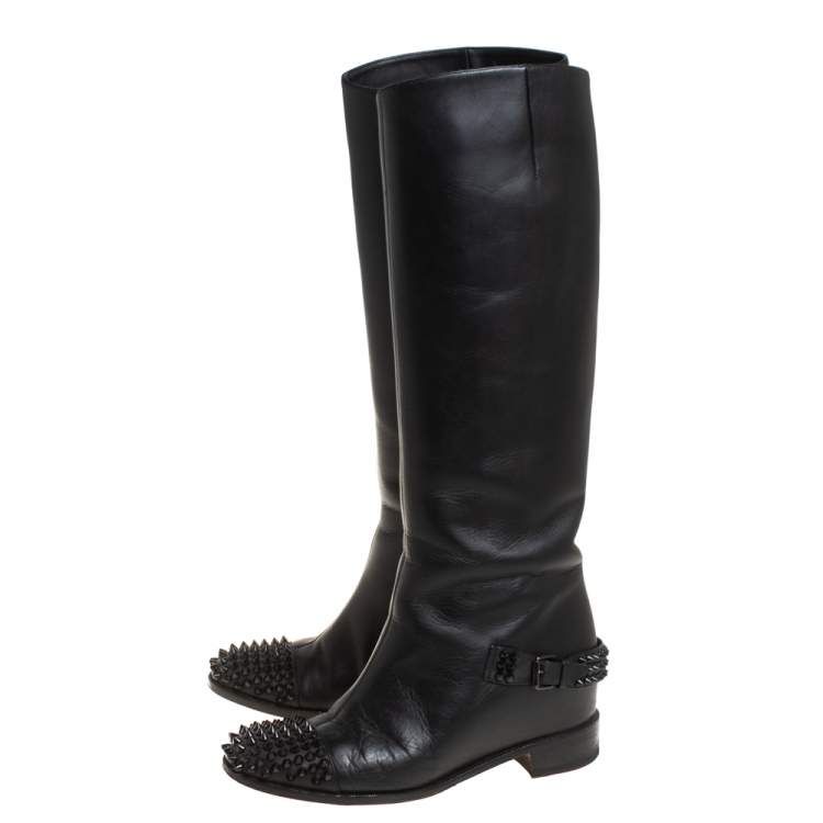 Pre Owned Christian Louboutin Black Leather Spike Cap Toe Egoutina Knee Boots Size 39