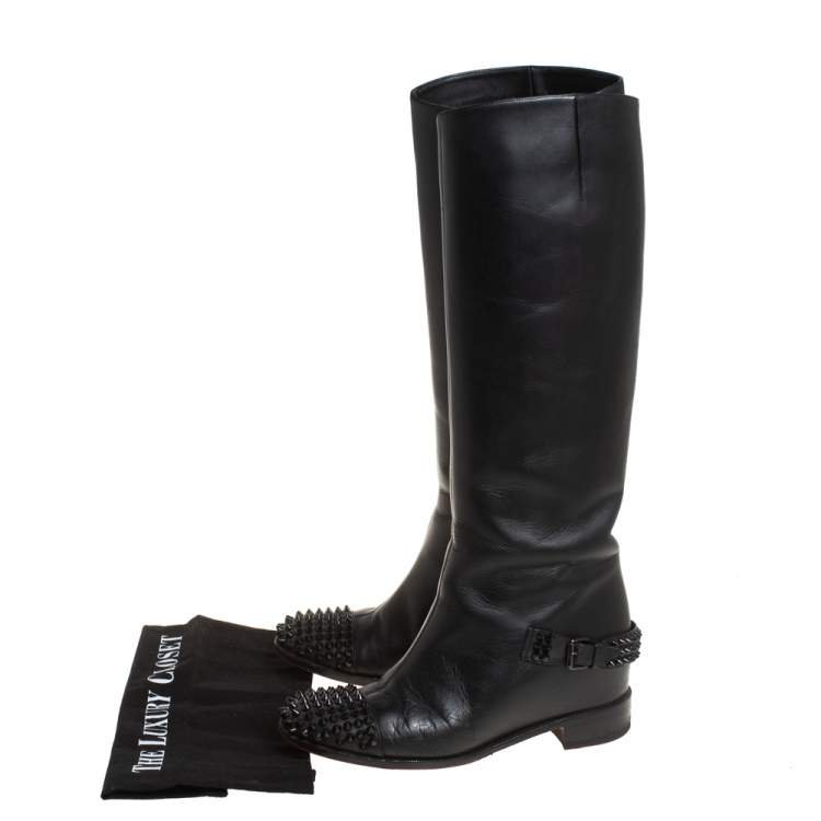 Pre Owned Christian Louboutin Black Leather Spike Cap Toe Egoutina Knee Boots Size 39