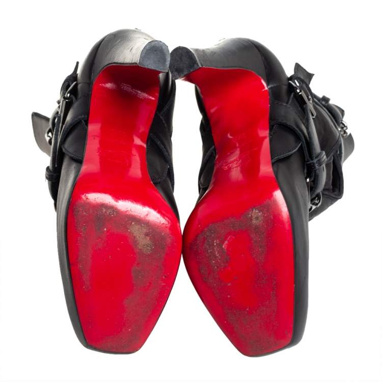 مملوكة مسبقًا Christian Louboutin Black Leather Guerriere Platform Ankle Boots Size 37.5
