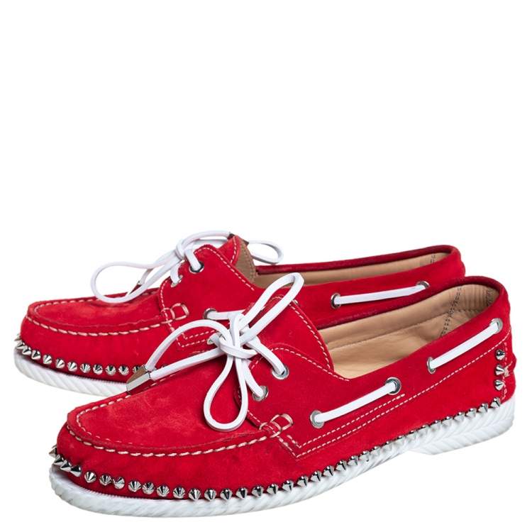 Pre Owned Christian Louboutin Red Suede Steckel Spike Boat Loafers Size 40.5