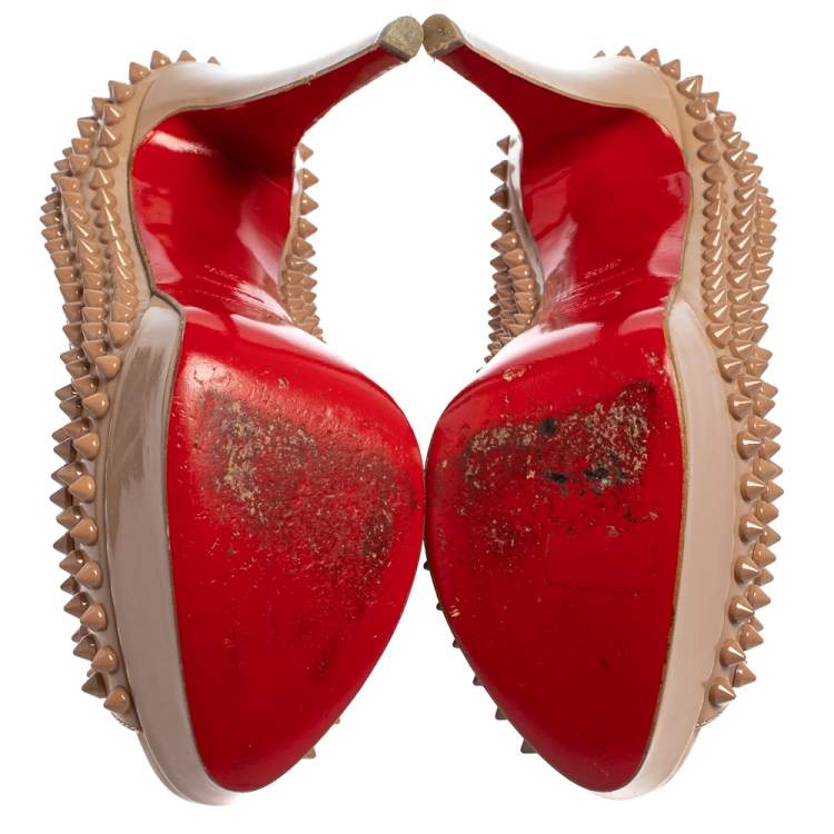 Pre Owned Christian Louboutin Beige Patent Leather Lady Peep Toe Spike Platform Pumps Size 38.5