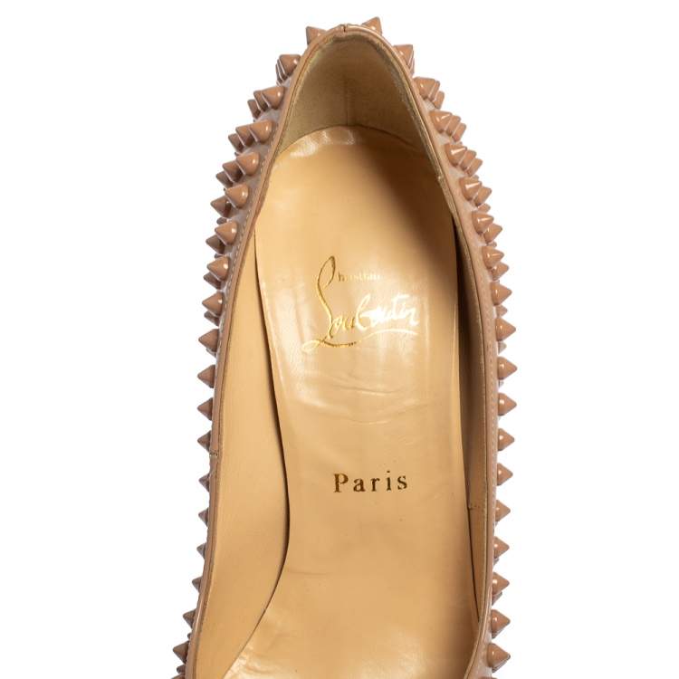 Pre Owned Christian Louboutin Beige Patent Leather Lady Peep Toe Spike Platform Pumps Size 38.5