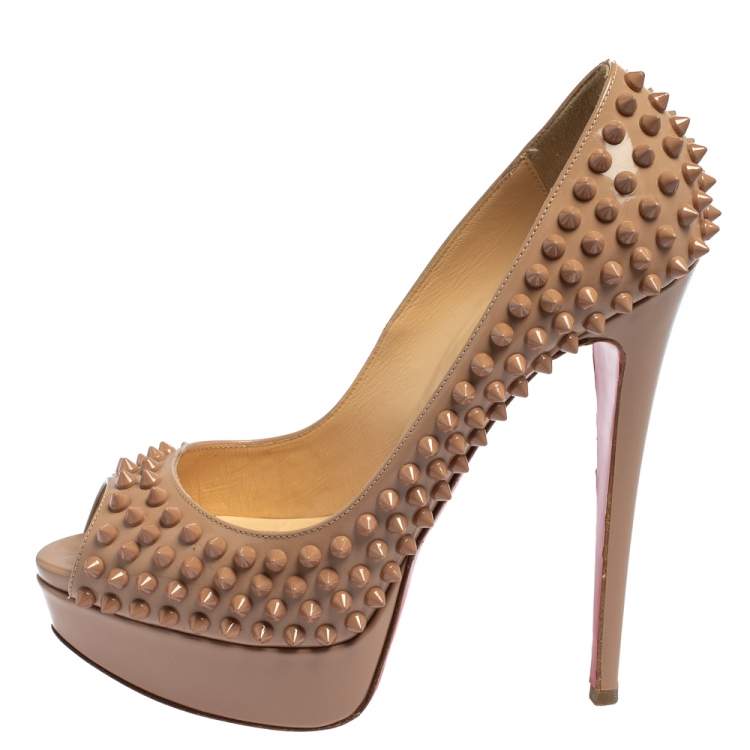 Pre Owned Christian Louboutin Beige Patent Leather Lady Peep Toe Spike Platform Pumps Size 38.5