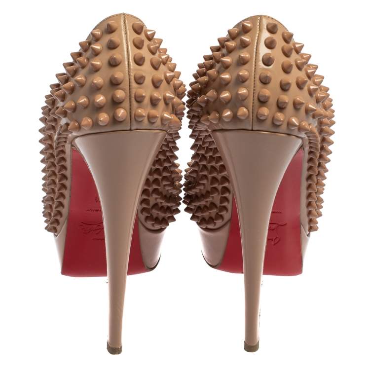 Pre Owned Christian Louboutin Beige Patent Leather Lady Peep Toe Spike Platform Pumps Size 38.5