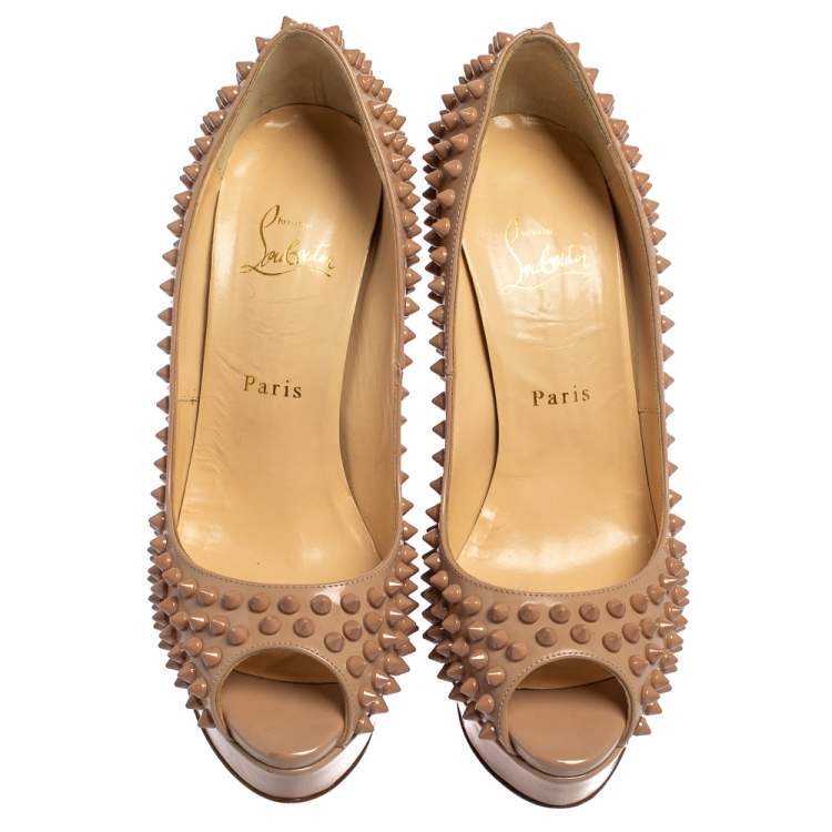 Pre Owned Christian Louboutin Beige Patent Leather Lady Peep Toe Spike Platform Pumps Size 38.5