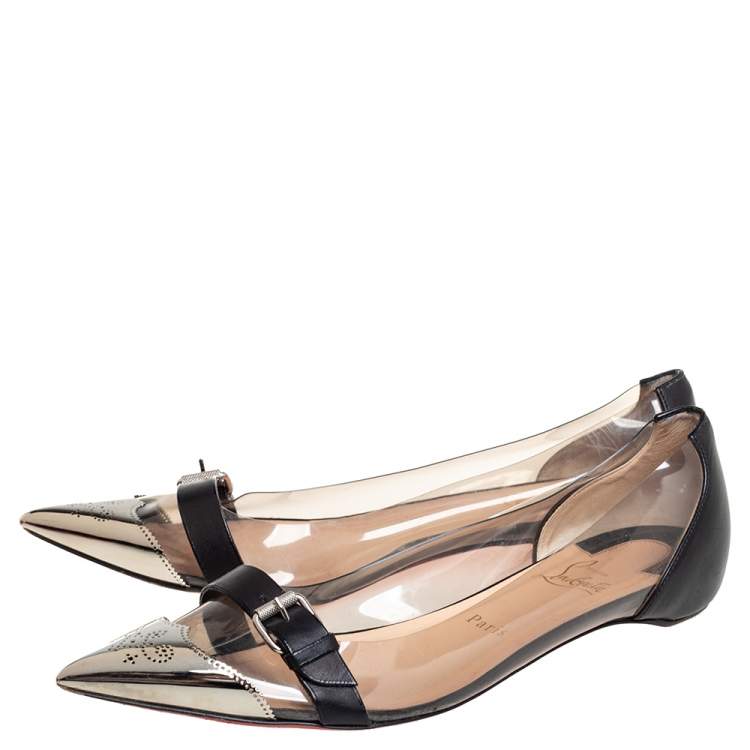 Pre Owned Christian Louboutin Black/Gold Leather And PVC Buckle Ballet Flats Size 39