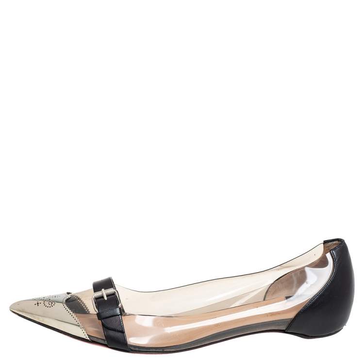 Pre Owned Christian Louboutin Black/Gold Leather And PVC Buckle Ballet Flats Size 39