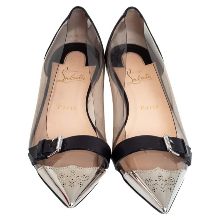 Pre Owned Christian Louboutin Black/Gold Leather And PVC Buckle Ballet Flats Size 39