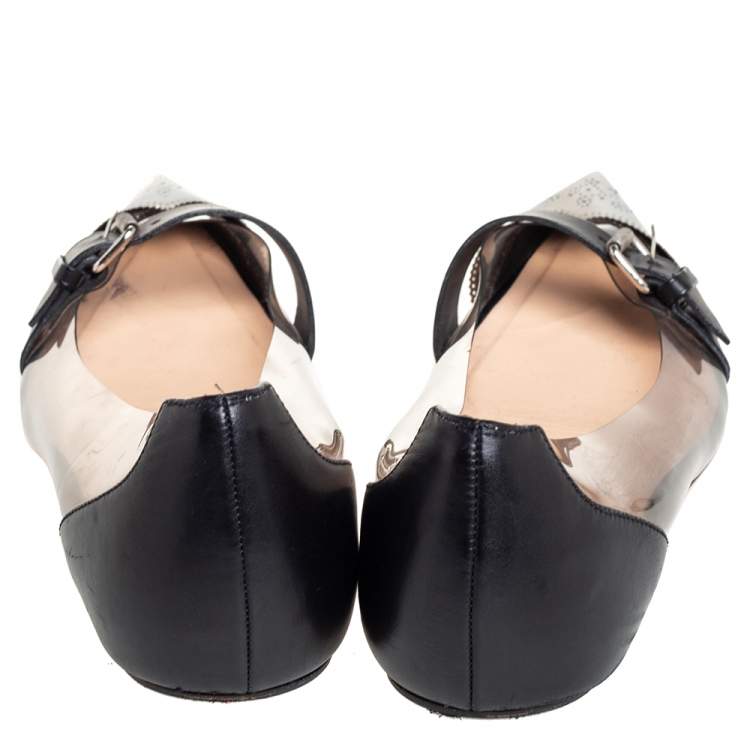 Pre Owned Christian Louboutin Black/Gold Leather And PVC Buckle Ballet Flats Size 39