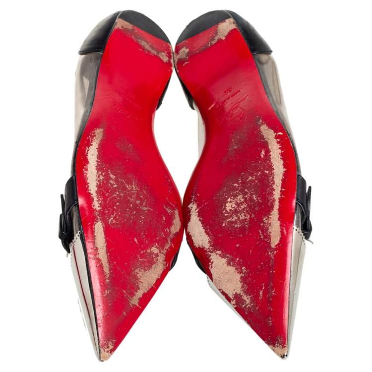 Pre Owned Christian Louboutin Black/Gold Leather And PVC Buckle Ballet Flats Size 39