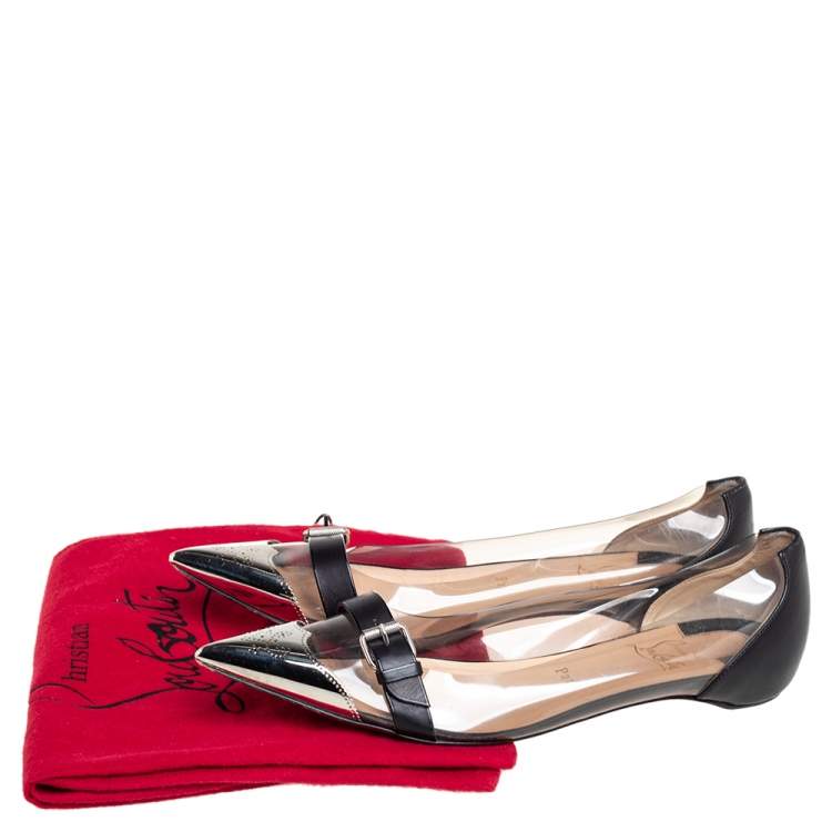 Pre Owned Christian Louboutin Black/Gold Leather And PVC Buckle Ballet Flats Size 39