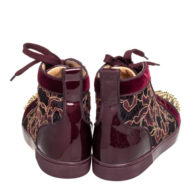 Pre Owned Christian Louboutin Burgundy Patent Leather And Velvet Louis High Top Sneakers Size 40