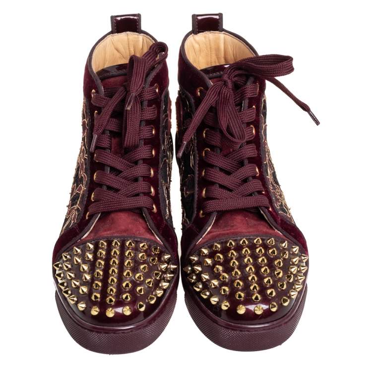 Pre Owned Christian Louboutin Burgundy Patent Leather And Velvet Louis High Top Sneakers Size 40