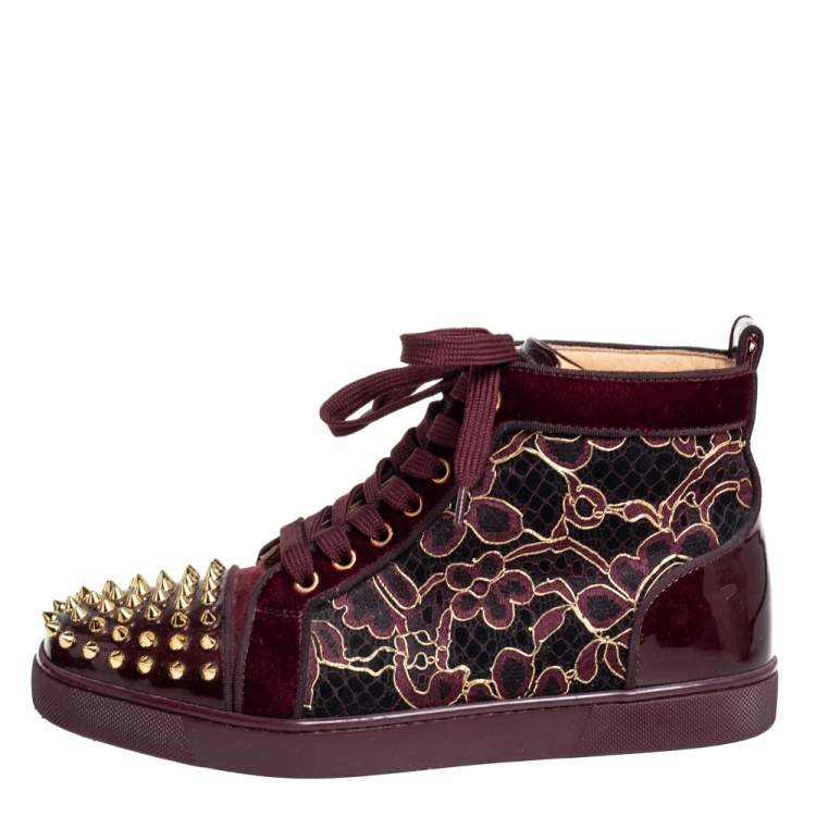 Pre Owned Christian Louboutin Burgundy Patent Leather And Velvet Louis High Top Sneakers Size 40