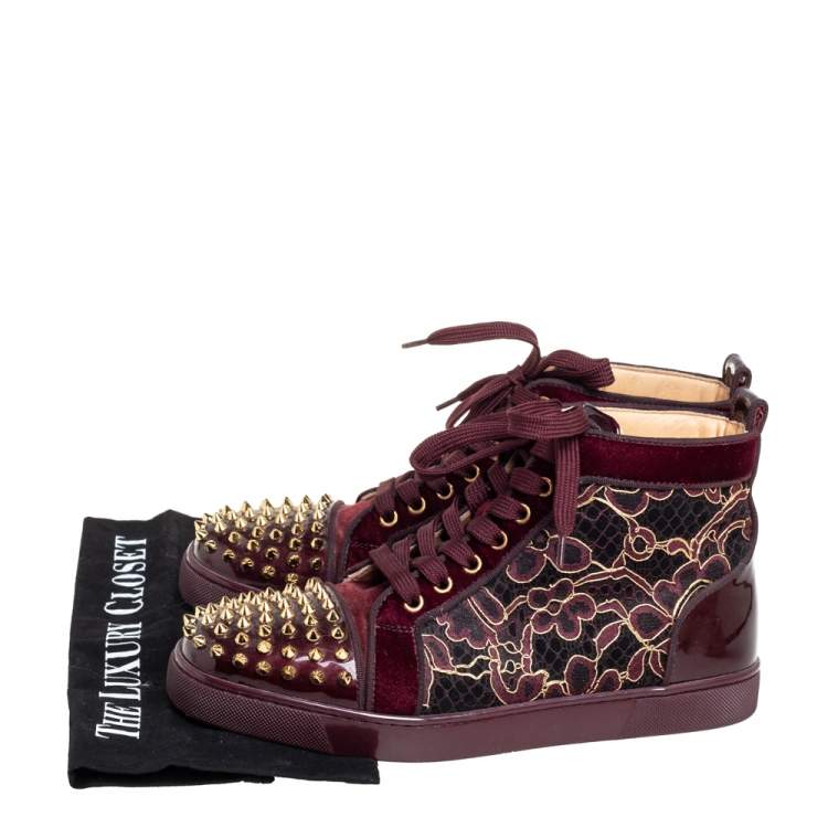 Pre Owned Christian Louboutin Burgundy Patent Leather And Velvet Louis High Top Sneakers Size 40