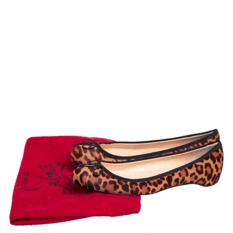 Pre Owned Christian Louboutin Brown/Beige Leopard Print Calf Hair Bow Ballet Flats Size 37
