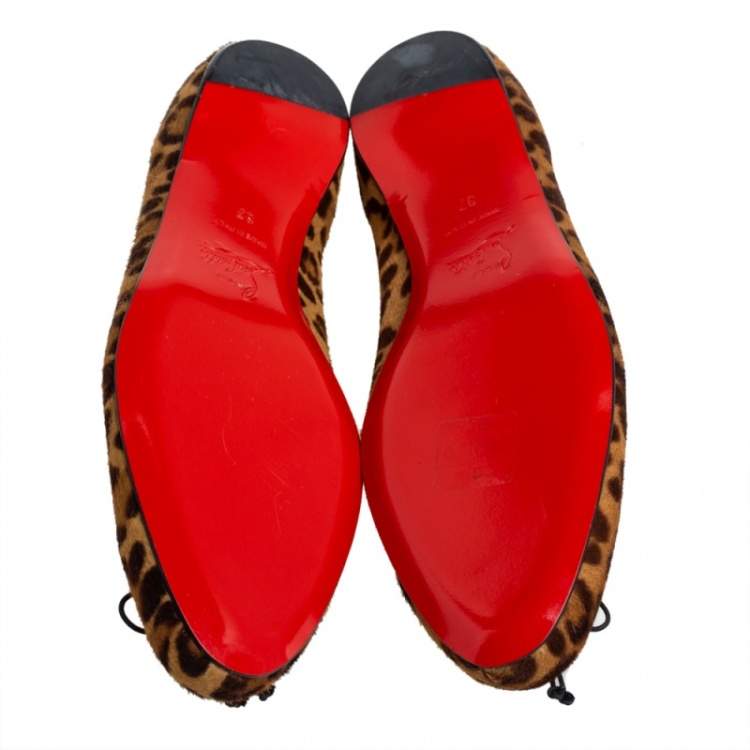 Pre Owned Christian Louboutin Brown/Beige Leopard Print Calf Hair Bow Ballet Flats Size 37