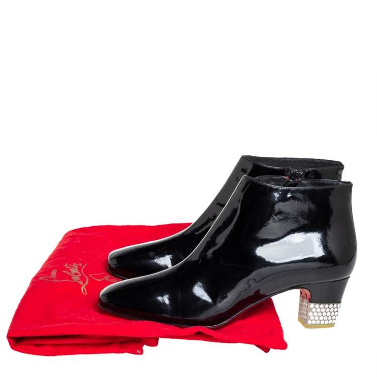 مملوكة مسبقًا Christian Louboutin Black Patent Leather Zipper Detail Ankle Boots Size 38.5