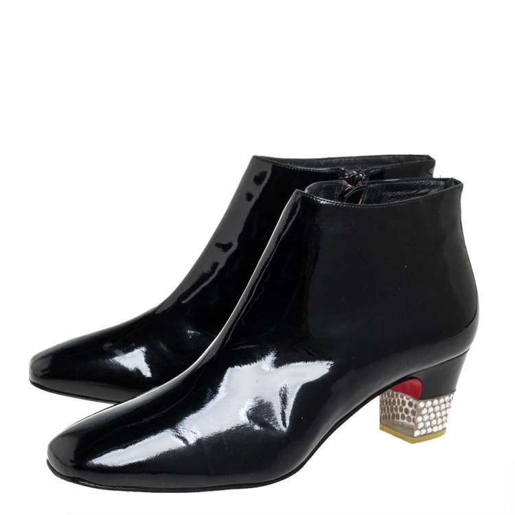 مملوكة مسبقًا Christian Louboutin Black Patent Leather Zipper Detail Ankle Boots Size 38.5