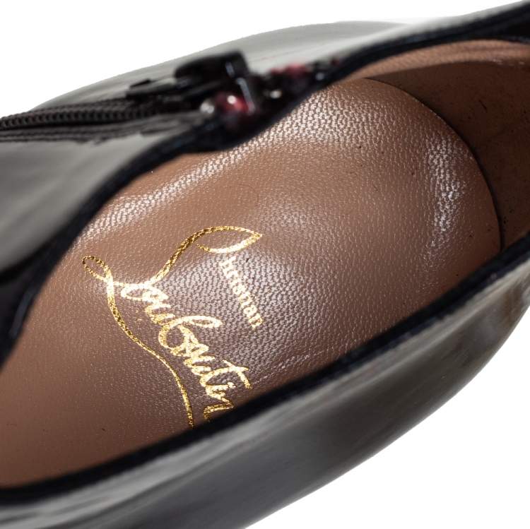 مملوكة مسبقًا Christian Louboutin Black Patent Leather Zipper Detail Ankle Boots Size 38.5