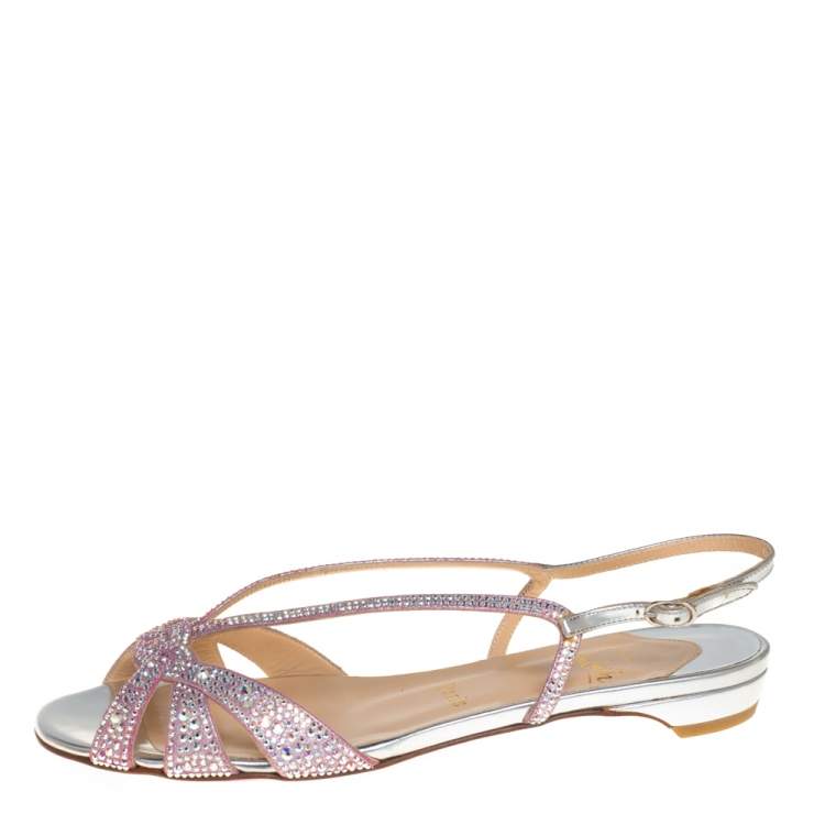 Pre Owned Christian Louboutin Pink Metallic Leather Lady Strass Crystal Embellished Flats Size 36