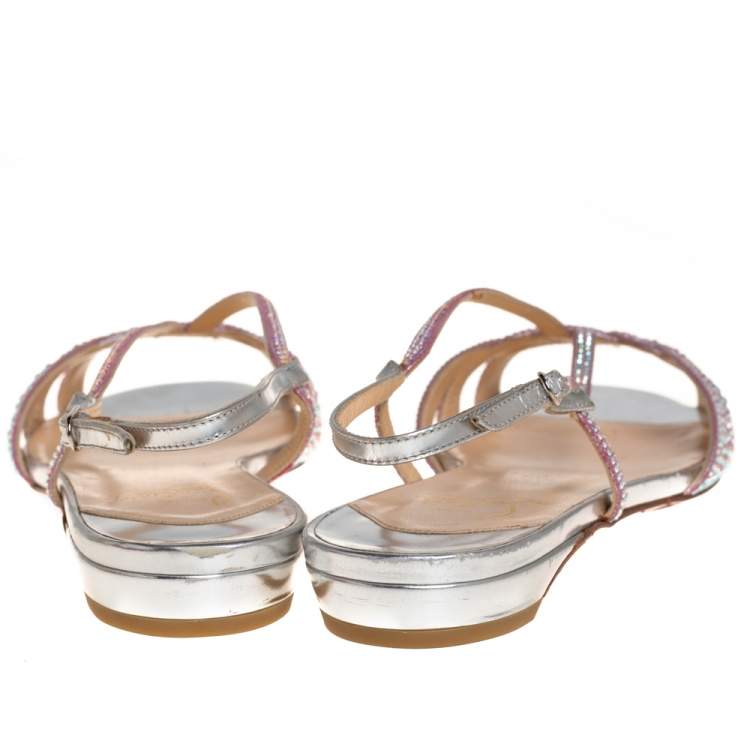 Pre Owned Christian Louboutin Pink Metallic Leather Lady Strass Crystal Embellished Flats Size 36