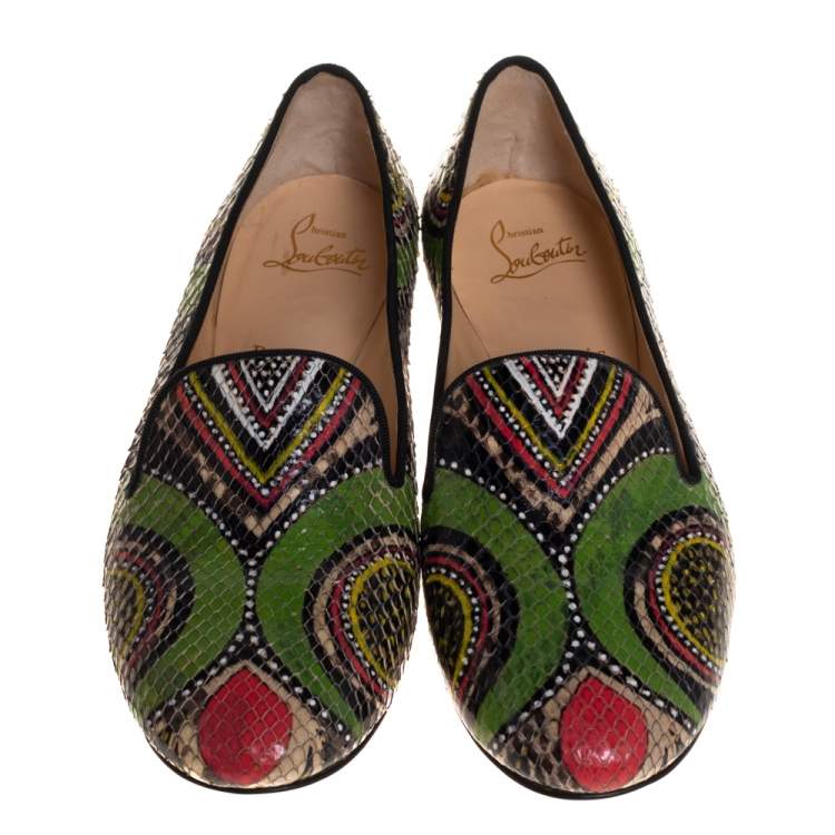 Pre Owned Christian Louboutin Multicolor Python Smoking Slippers Size 38