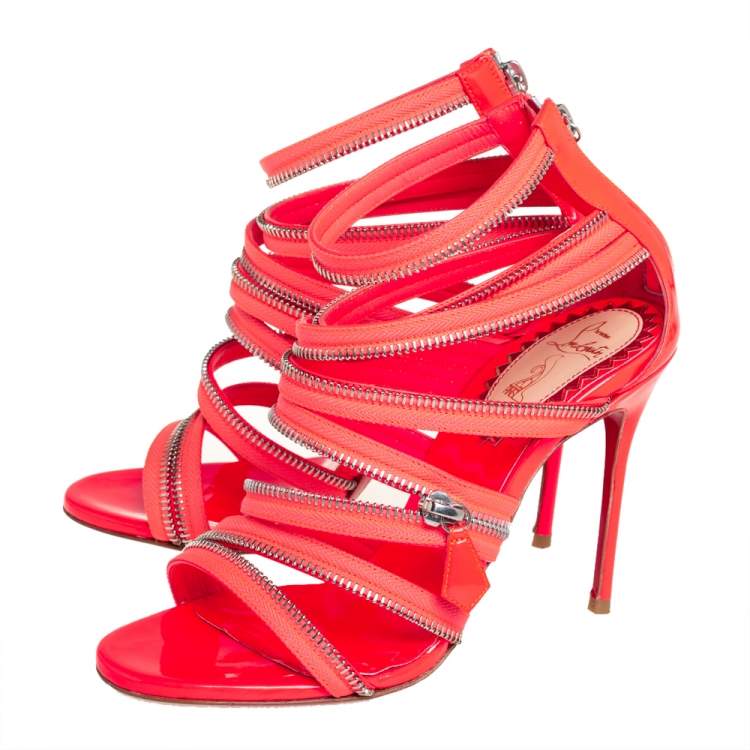 Pre Owned Christian Louboutin Neon Pink Fabric And Leather Unzip Booties Size 36.5