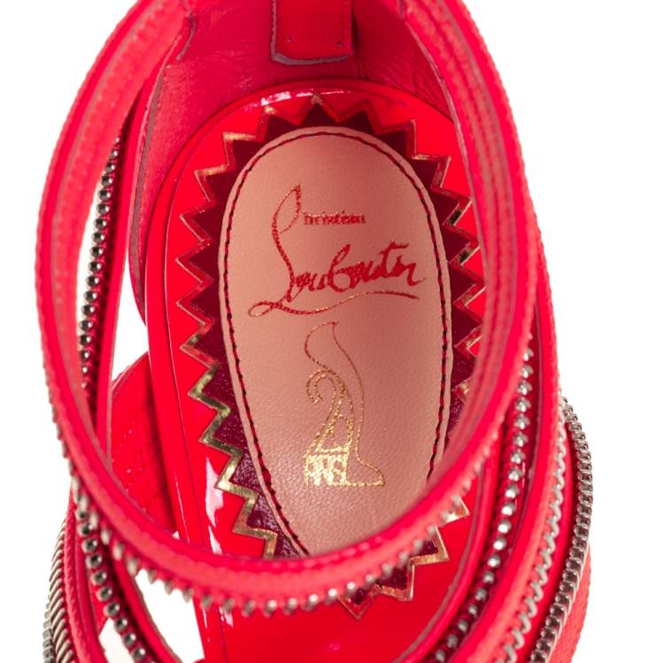Pre Owned Christian Louboutin Neon Pink Fabric And Leather Unzip Booties Size 36.5
