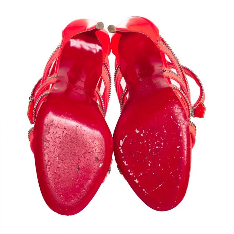 Pre Owned Christian Louboutin Neon Pink Fabric And Leather Unzip Booties Size 36.5
