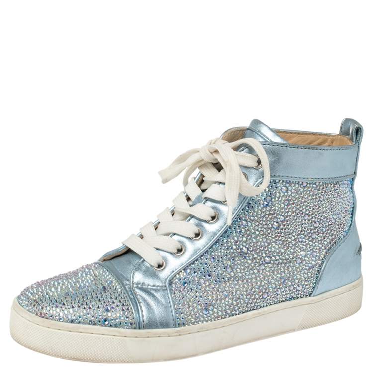 Christian Louboutin Light Blue Leather Crystals Embellished Louis Orlato High Top Sneakers Size 38