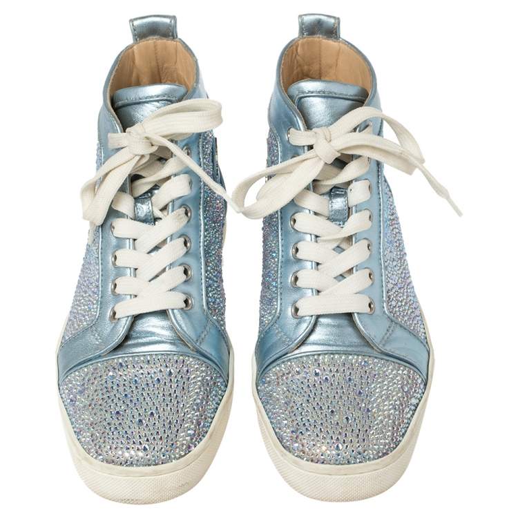 Pre Owned Christian Louboutin Blue Leather Embellished High Top Sneakers Size 38