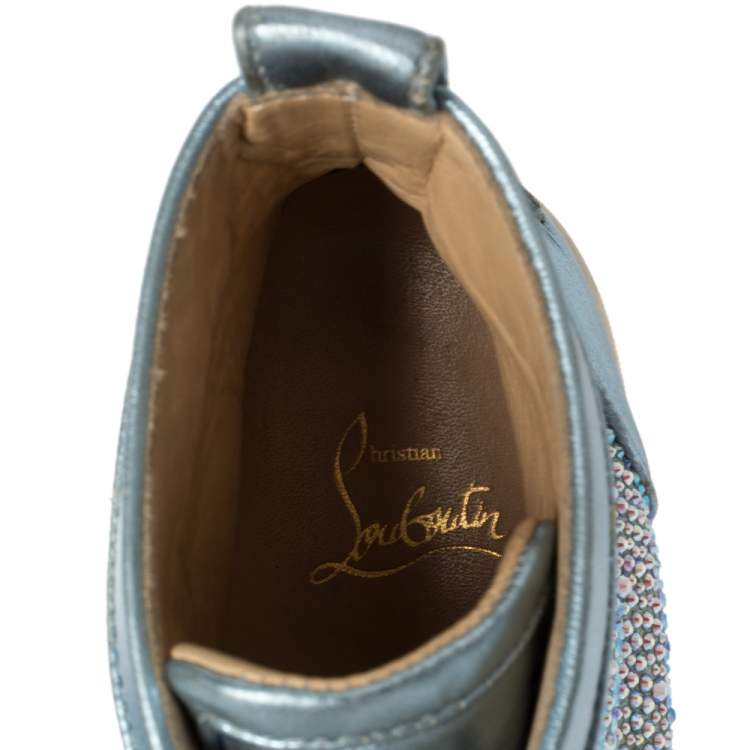 Pre Owned Christian Louboutin Blue Leather Embellished High Top Sneakers Size 38