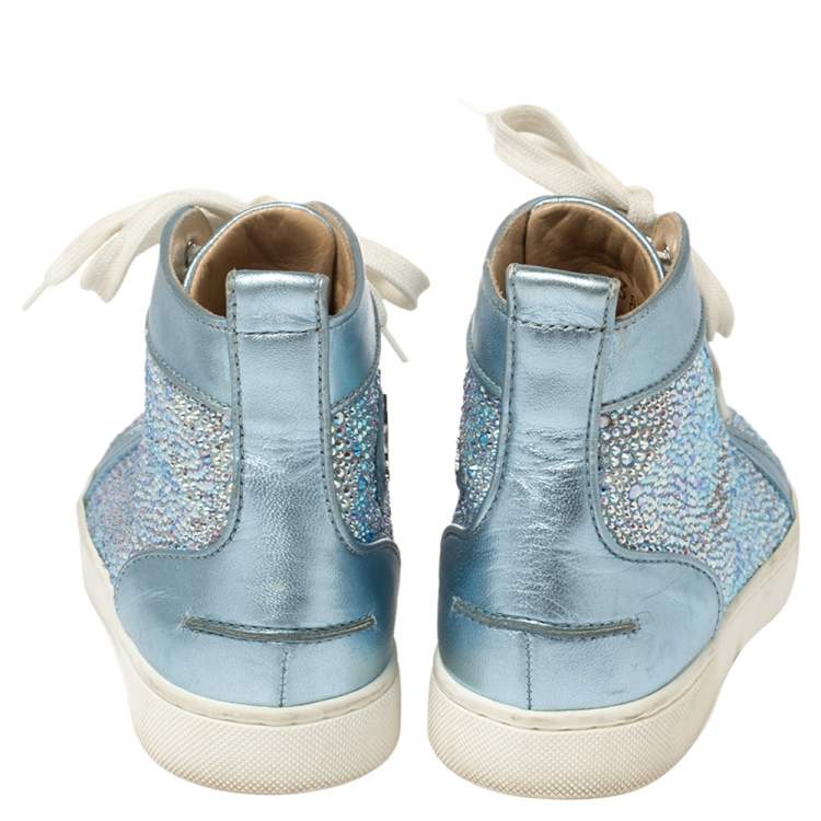 Pre Owned Christian Louboutin Blue Leather Embellished High Top Sneakers Size 38